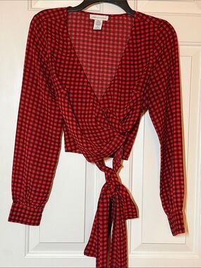 Urban Outfitters Red and Black Plaid Wrap Tie-Front Blouse